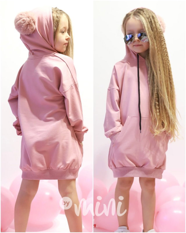 Hoodie mikinová tunika s bambulkama pink