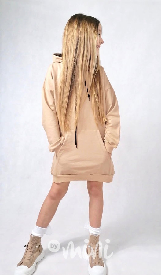 Hoodie mikinová tunika s bambulkama beige
