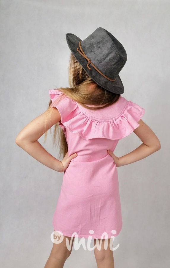 Růžové jeans šaty s volánkem