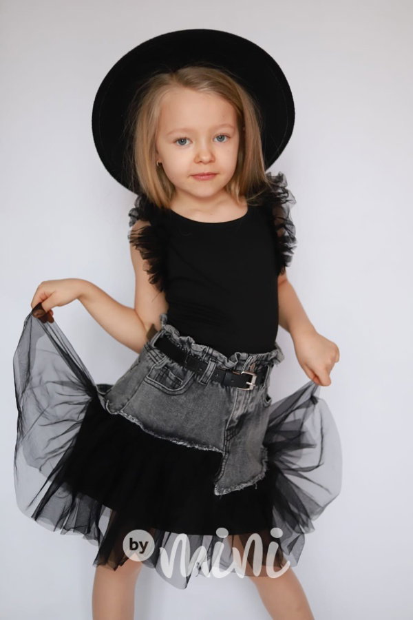 Black jeans sukně s tylem a páskem