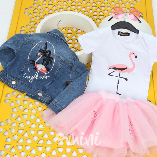 Flamingo tutu 3-dílný set s jeans bundou