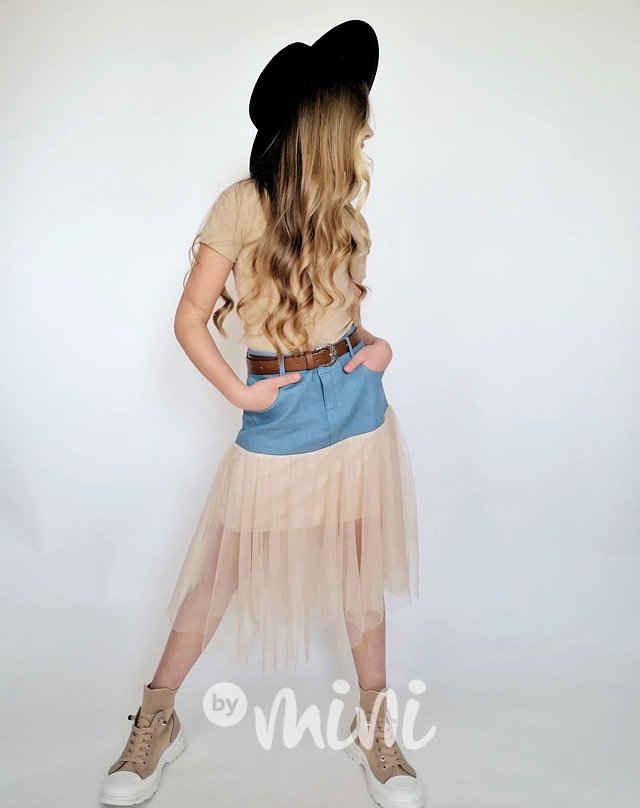 Soft denim sukně s tylem beige