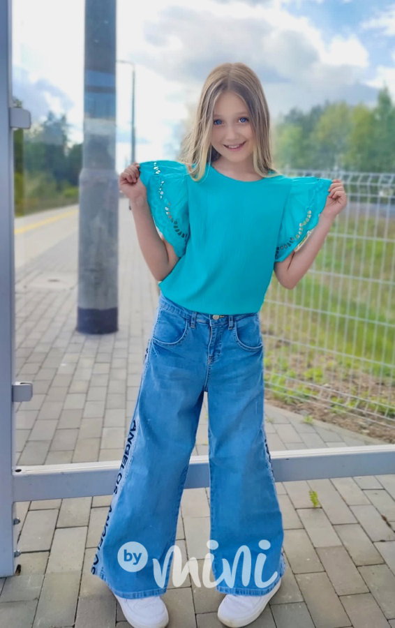 Tyrkys blůzka s krajkovými rukávy