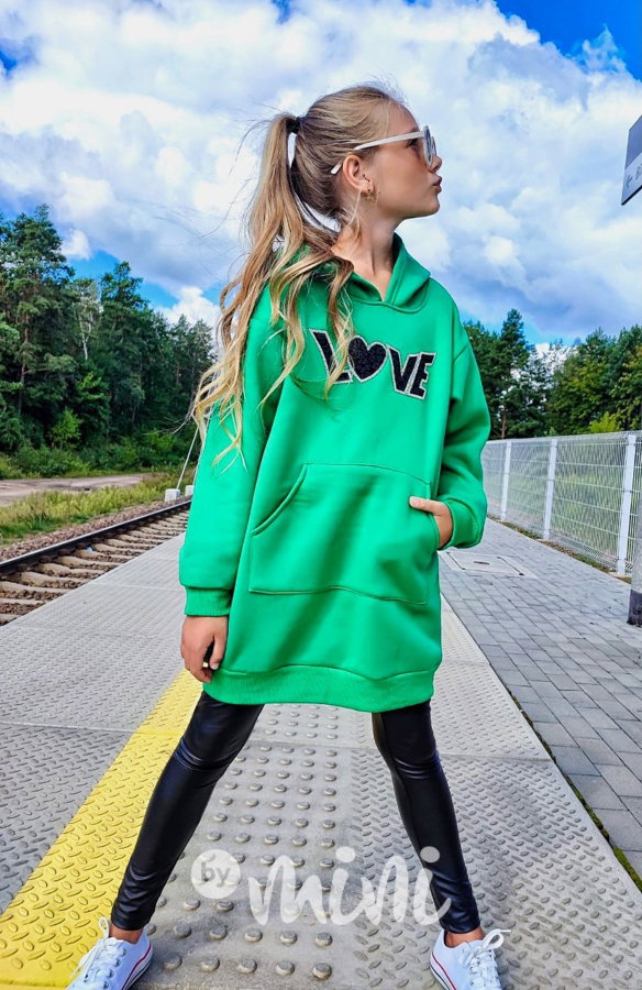 LOVE flísové mikinové hoodie šaty zelené
