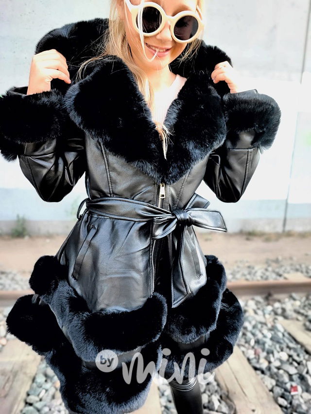 Eco leather kabátek s maxi kožíškem černý