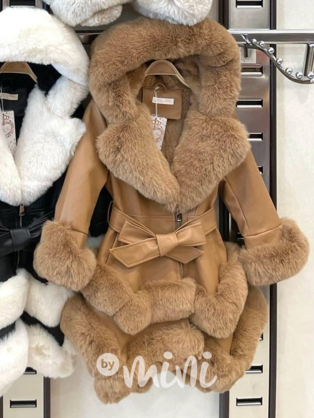 Eco leather kabátek s maxi kožíškem honey