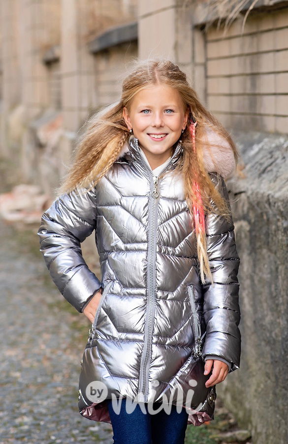 Zimní metalický kabát silver/pink