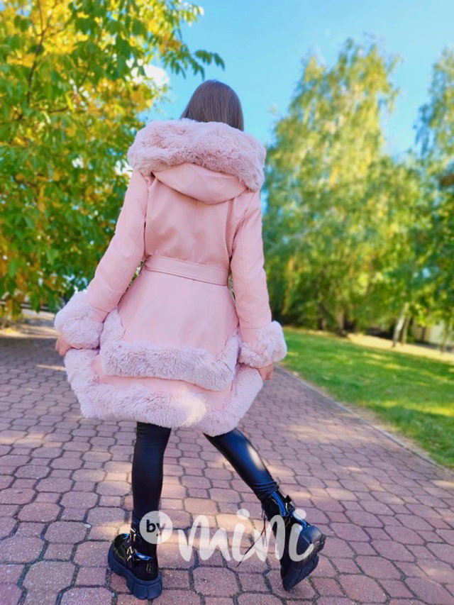 Eco leather kabátek s maxi kožíškem růžový