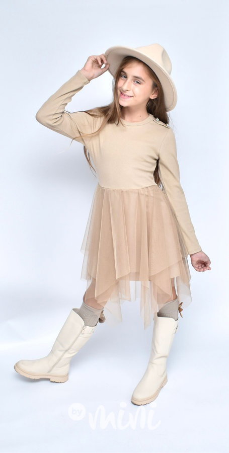 Žebrované šaty s tylem beige