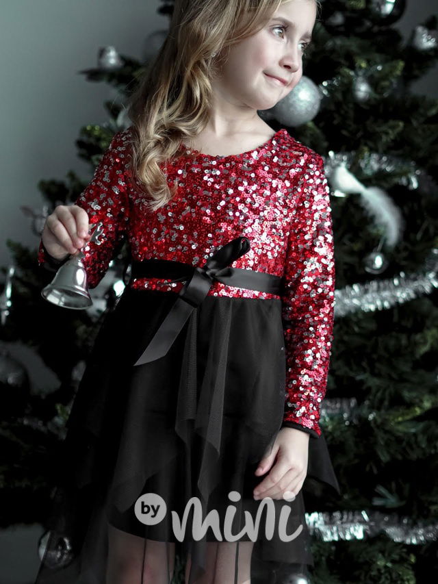 Metallic red flitr šaty s tylem