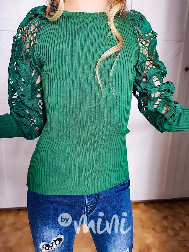 PREMIUM svetříková blůzka s krajkovými rukávy smaragd