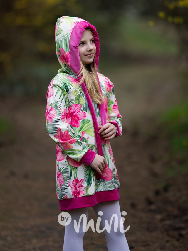 Soft velurová hoodie tunika flowers amarant