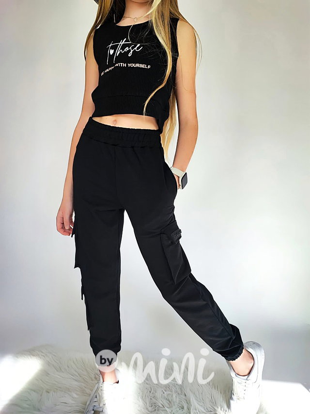 Žebrovaný sporty crop top HAPPY black