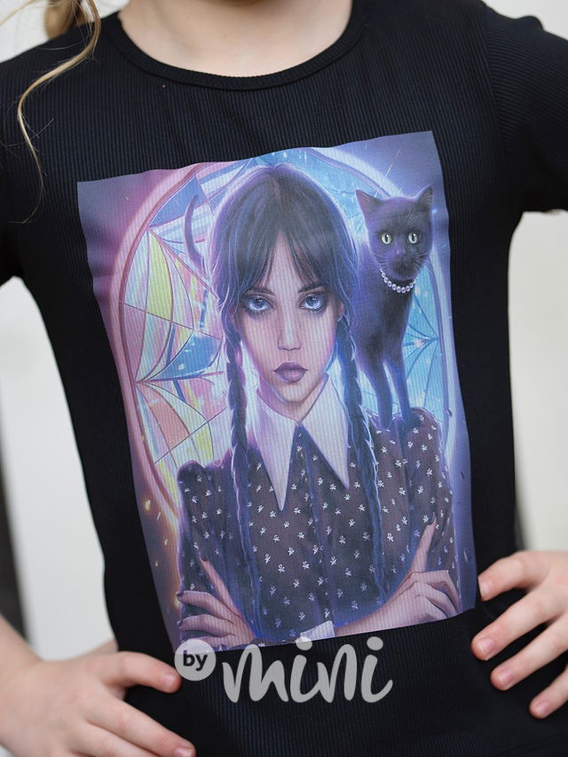 Wednesday žebrované triko cat černé