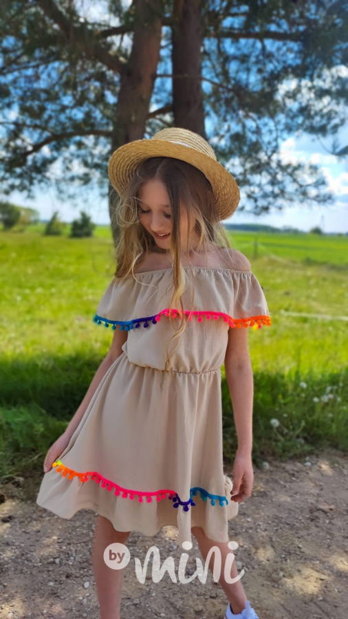 Boho beach dress pompon beige