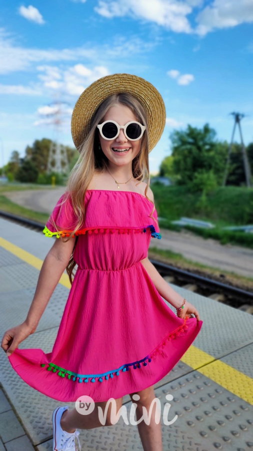 Boho beach dress pompon pink