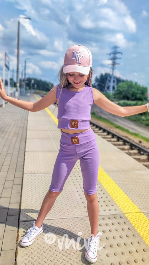 Lila žebrované legínové kraťasy