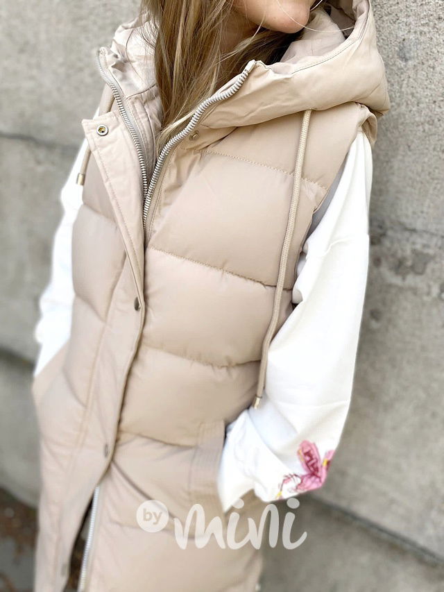 Long béžová vesta s kožíškem uvnitř