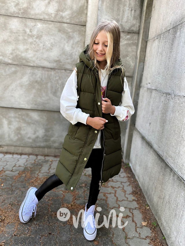 Long khaki vesta s kožíškem uvnitř
