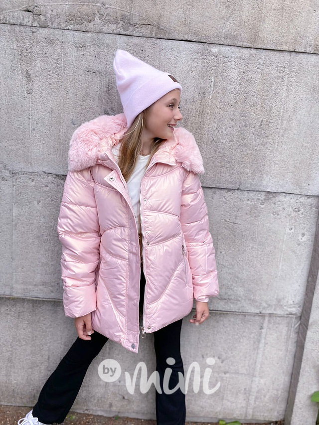 Zimní metalická long bunda pink
