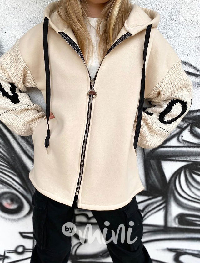 LOVE teplá mikina se svetrovými rukávy béžová