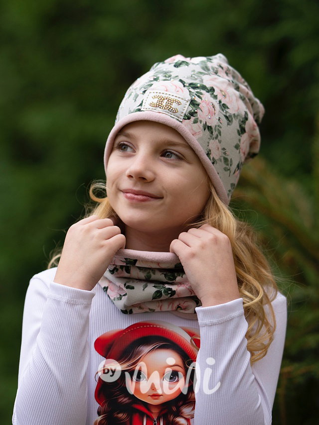Flower beanie zdobená kamínky + nákrčník
