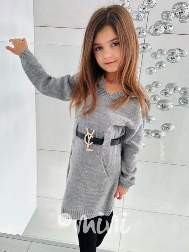 Svetrové hoodie šaty s páskem šedé