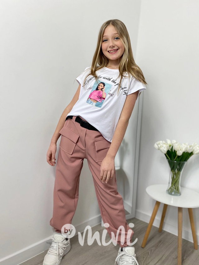 Cargo kalhoty s kapsami a páskem pink
