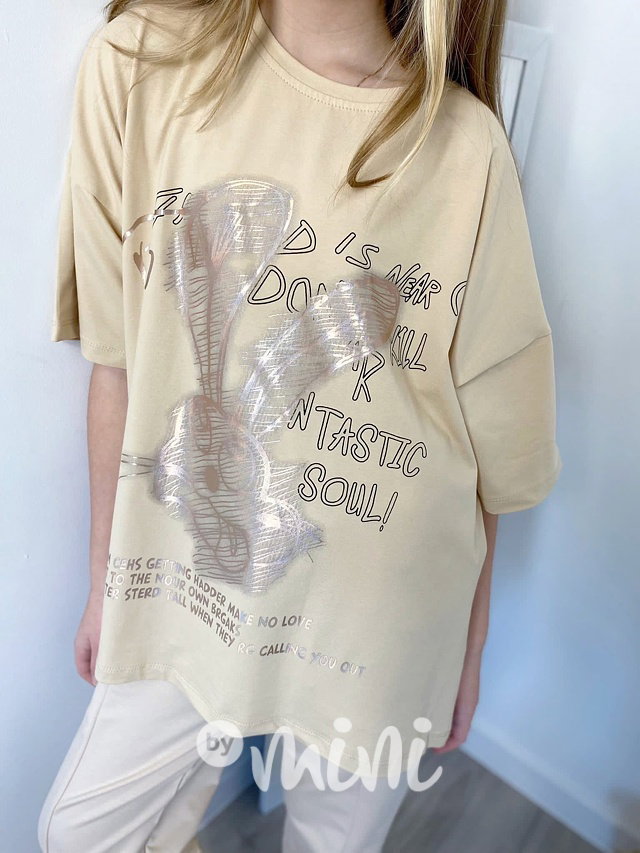 Premium oversize triko metallic bunny beige