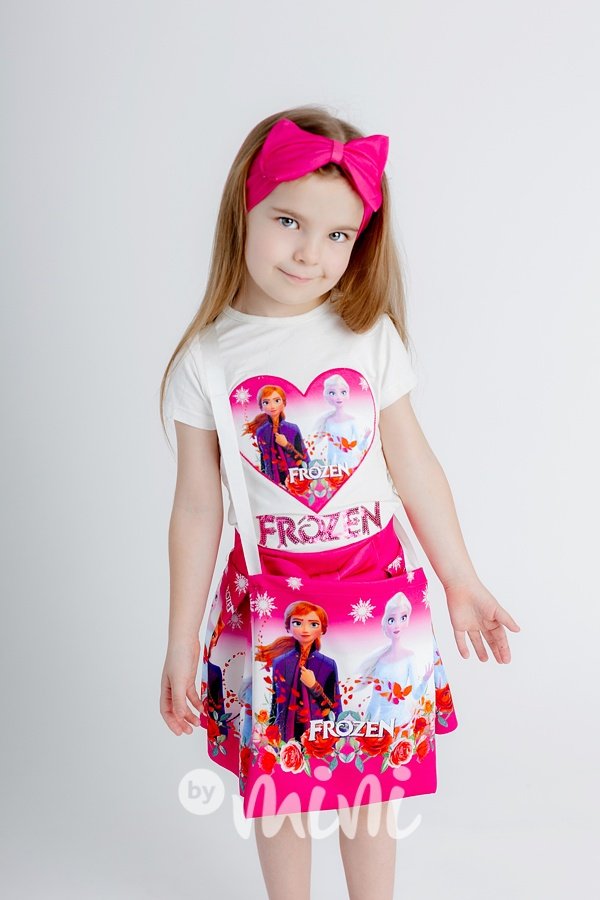 4-dílný Frozen dívčí set - sukně, triko, kabelka, čelenka