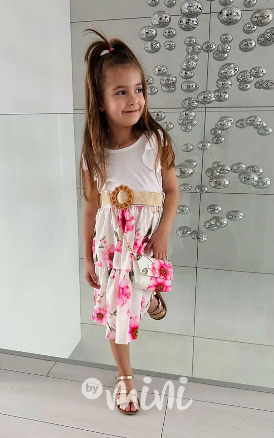 Květované šaty s páskem a kabelkou white/pink