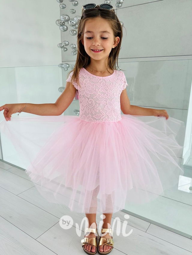 Summer princess krajkové šaty s maxi tylovou sukní růžové