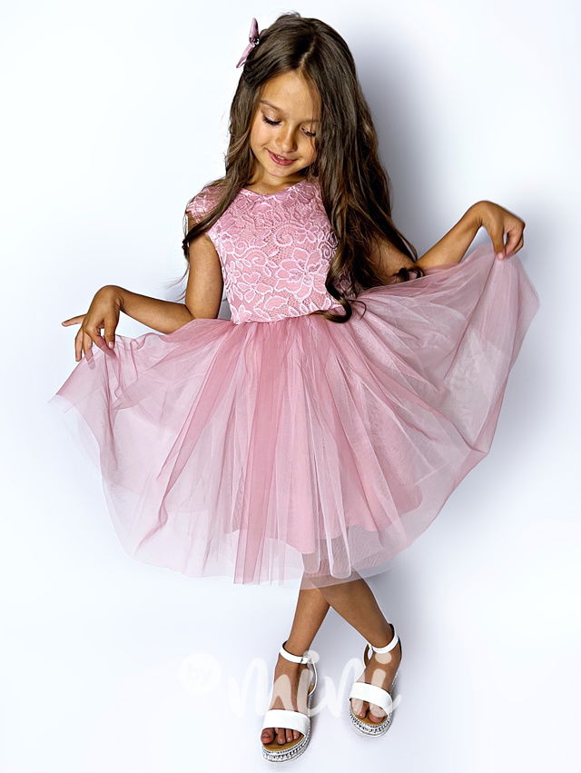 Summer princess krajkové šaty s maxi tylovou sukní pudder pink
