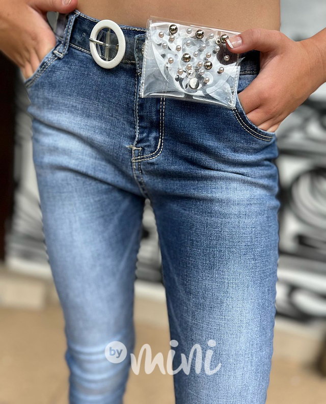 Slim jeans perličky + pásek