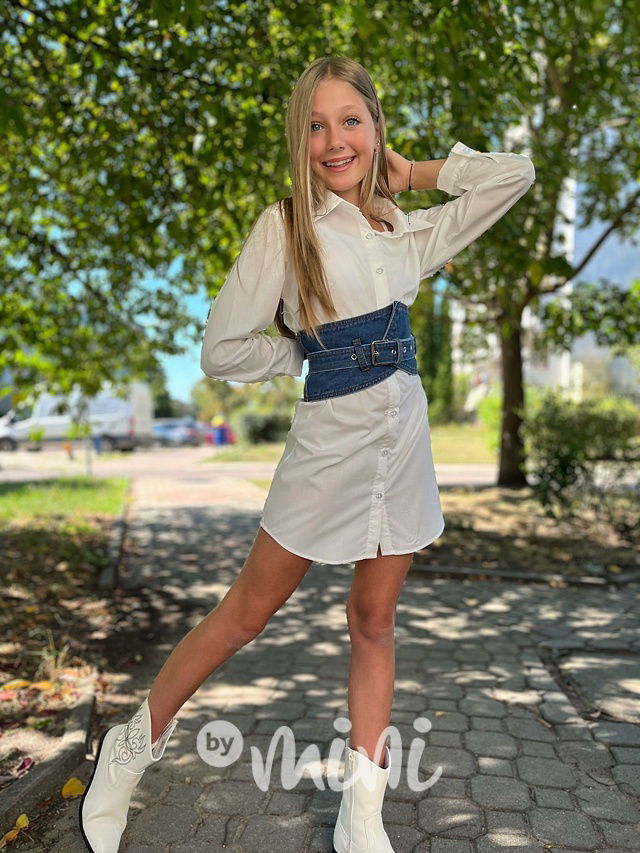 Long košile s denim páskem bílá