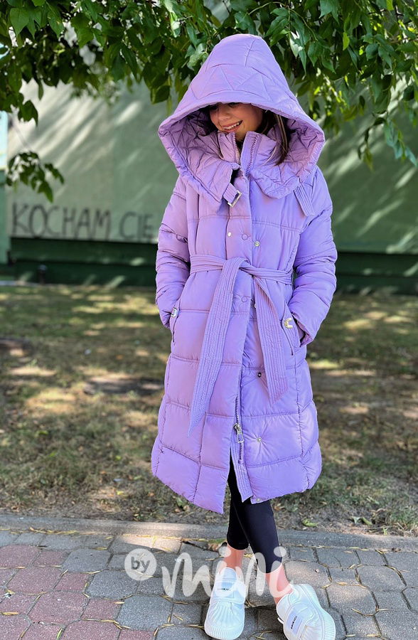 Zimní dlouhý kabát s páskem lila