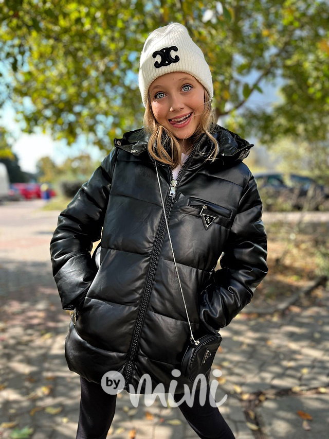 Eco leather zimní bunda s kabelkou černá