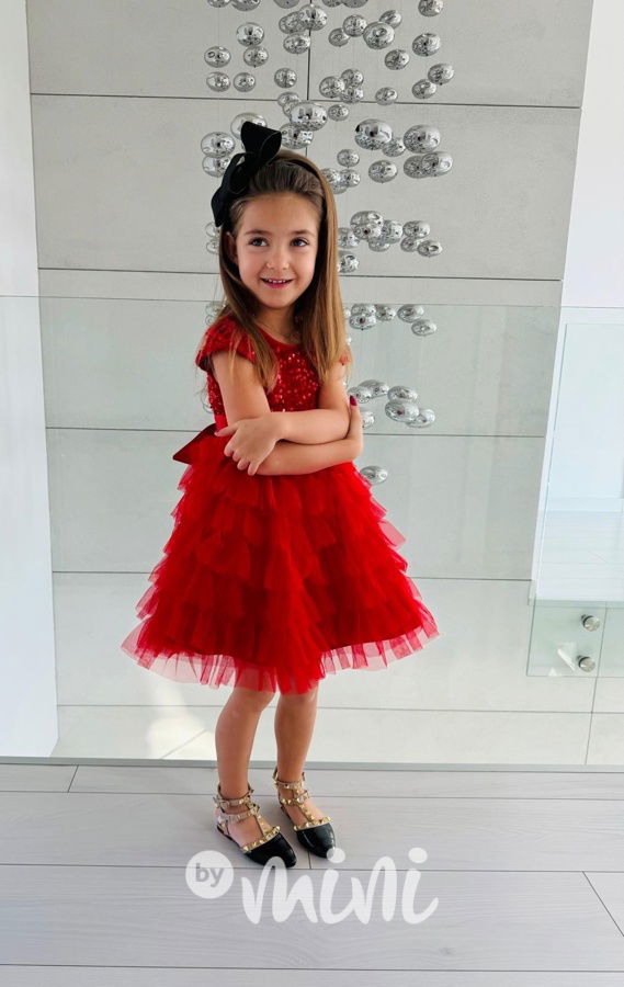 PREMIUM červené flitr šaty s tylem - krátký rukáv