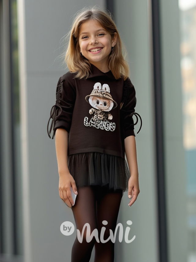 Labubu mikinová hoodie tunika s tylem chocolate