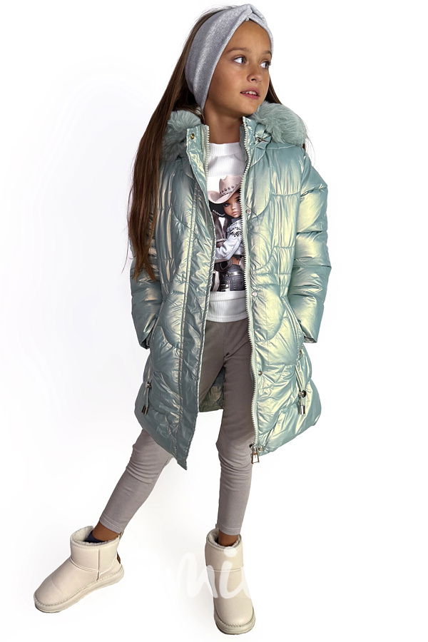 Metalický zimní kabát s kožíškem mint