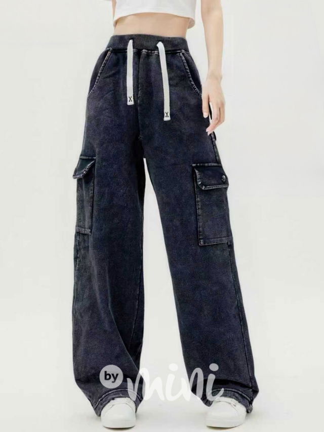 Acid wash soft denim cargo kalhoty
