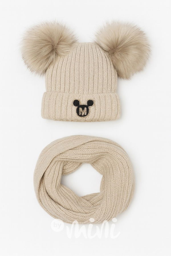 Zimní kulich s pompony + nákrčník BEIGE