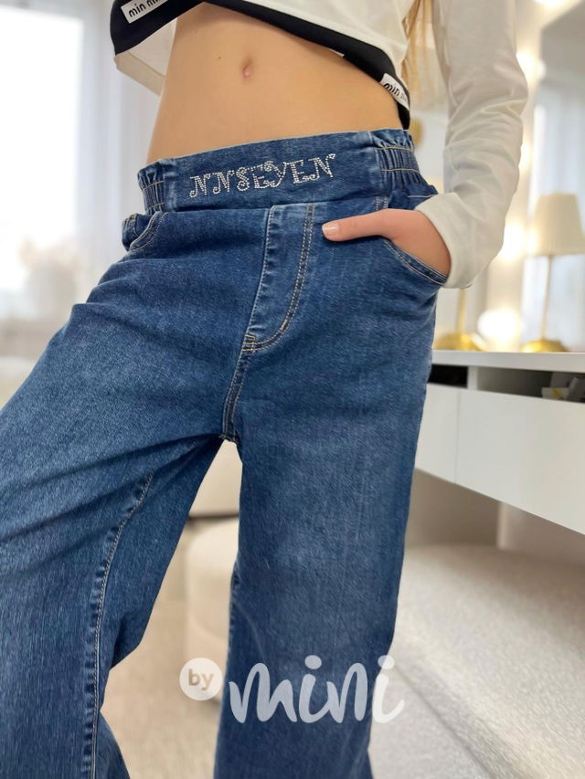 Zateplené volné blue džíny s kamínky