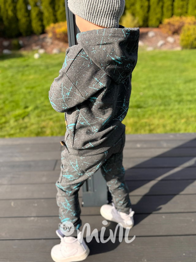 Zateplené šedé tepláky tyrkys splash