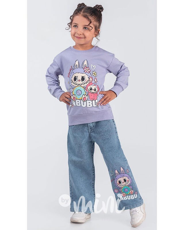 Labubu mikina + volné džíny lila