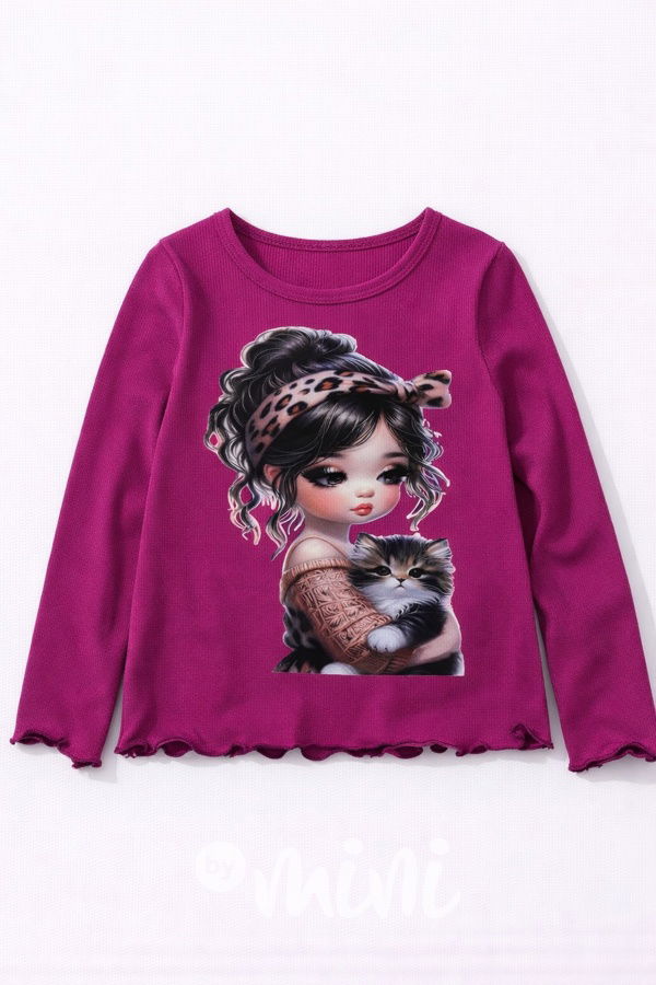 Černá žebrovaná blůzka Girl & Cat purple