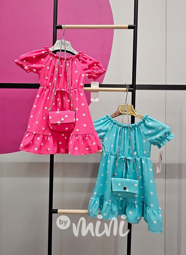 Letní puntíkaté šaty s kabelkou tyrkys