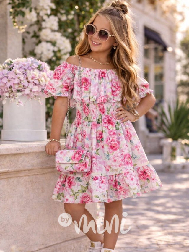 Letní květované hispánky s kabelkou pink