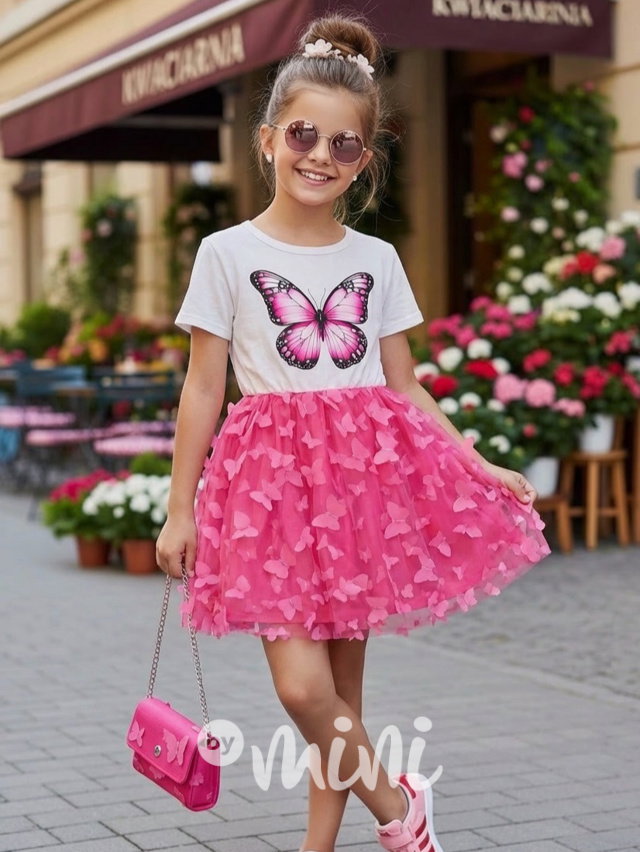 Motýlkové šaty s kabelkou dark pink