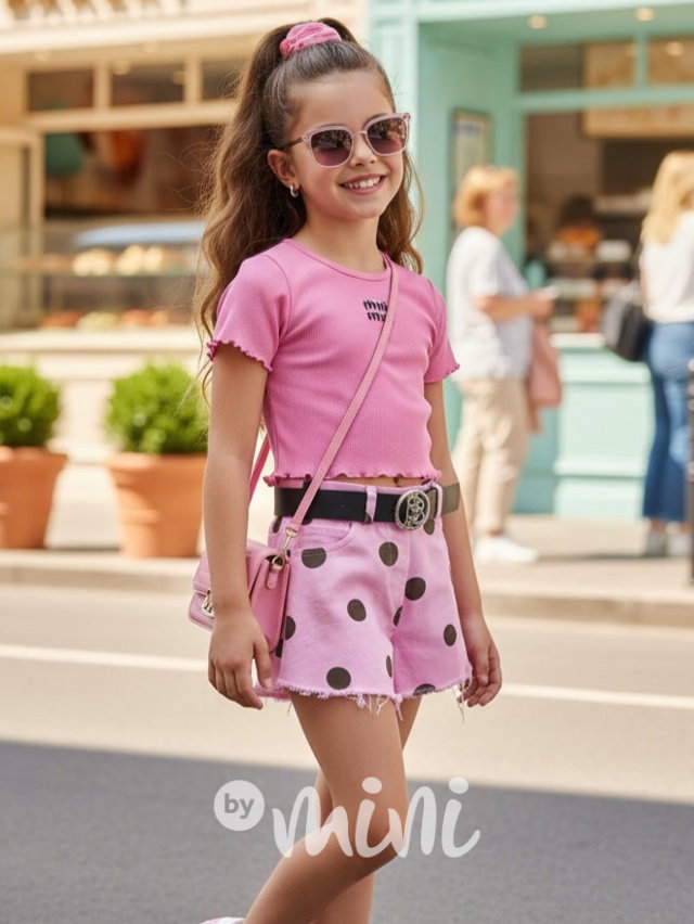 Denim puntíkaté kraťasy s páskem PINK